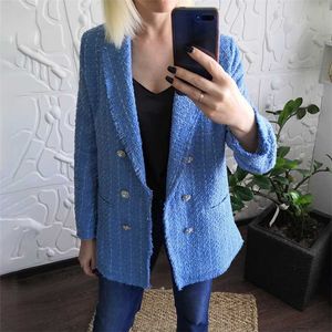 ZXQJ Tweed femmes élégant bleu Blazers mode dames Vintage ample Blazer vestes décontracté femme Streetwear costumes filles Chic 210930