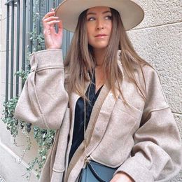 ZXQJ Vintage mujer Camel chaquetas de lana Primavera-otoño moda señoras elegantes abrigos largos sueltos ropa de calle chicas Chic prendas de vestir 211029