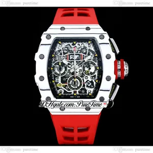 ZYF 11-FM A7750 Automatische chronograaf Heren kijken Witte koolstofvezelkast Big Date Skeleton Dial Red Crown Rubber Strap Watches Super Edition Puretime D4