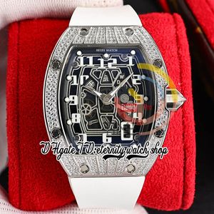 ZYF 67-01 Montre mécanique automatique pour homme en acier inoxydable 316L avec diamants et boîtier à motifs, cadran squelette, marqueurs numériques, bracelet en caoutchouc blanc, trustytime001 Montres