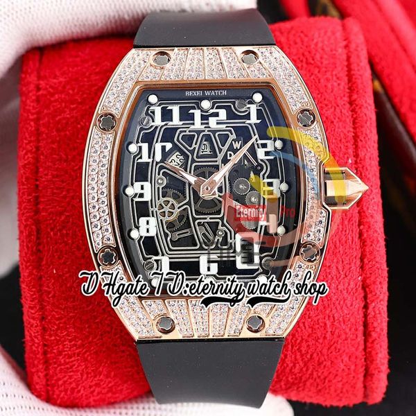 ZYF 67-01 Montre Homme Mécanique Automatique Or Rose Acier Diamants Boîtier à Motifs Cadran Squelette Marqueurs Chiffres Bracelet Caoutchouc Noir éternité Herrenuhr Reloj Montres