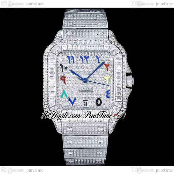 ZYF M8215 Montre automatique pour hommes pavée de diamants XL 40 mm Miyota boîtier en diamant rectangulaire entièrement glacé et couleurs du bracelet écriture arabe Dail Super Edition Puretime H8