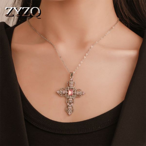 ZYZQ Vintage évider croix collier ing bohême femmes accessoires bijoux collier ras du cou avec petite pierre pavée
