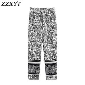 ZZKYT 2021 femmes printemps mode imprimer pantalon droit Vintage décontracté taille haute poches bureau dame femme cheville pantalon Mujer Q0801